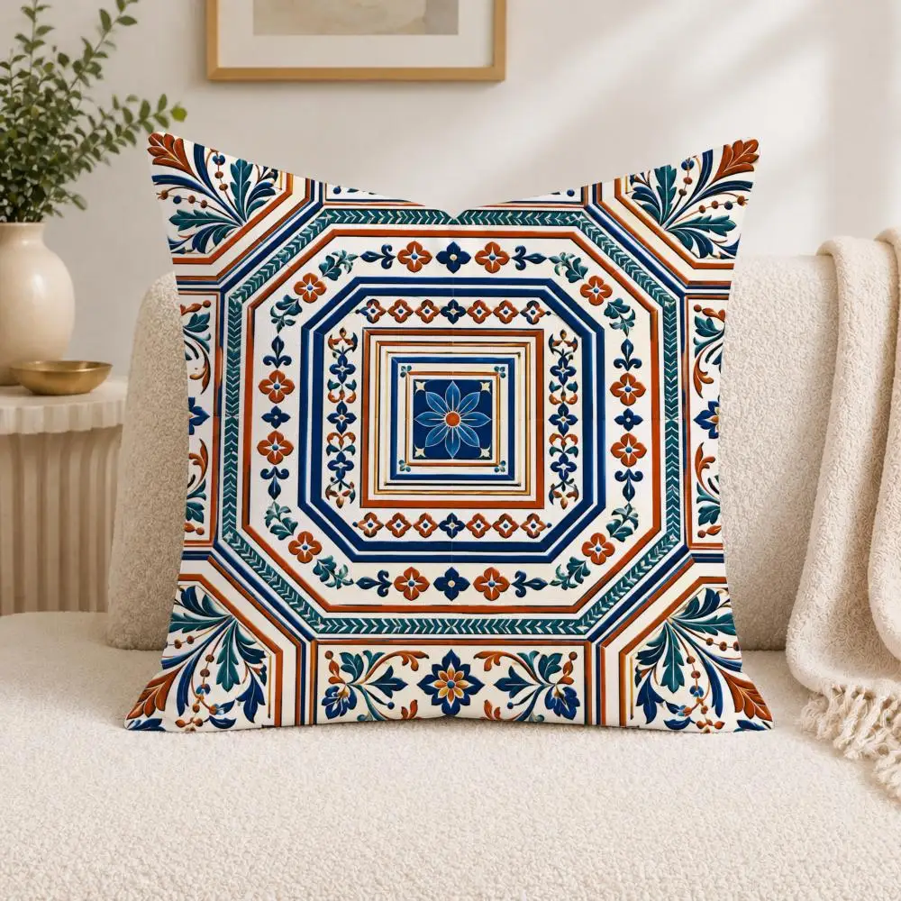 Blue Mediterranean Tiles Cushion Cover Square Decorative Sofa Pillow Case Bedroom Living Room Home Decor Gift