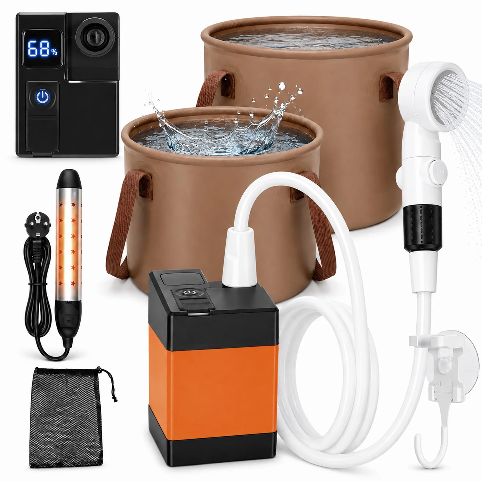 Tragbare Campingdusche mit Heizfunktion, 20-Liter-Wassereimer, wiederaufladbares Duschpumpen-Set, Outdoor-Reisedusche für Camping, Wandern, Tierpflege, Autoreinigung, Notfallgebrauch.