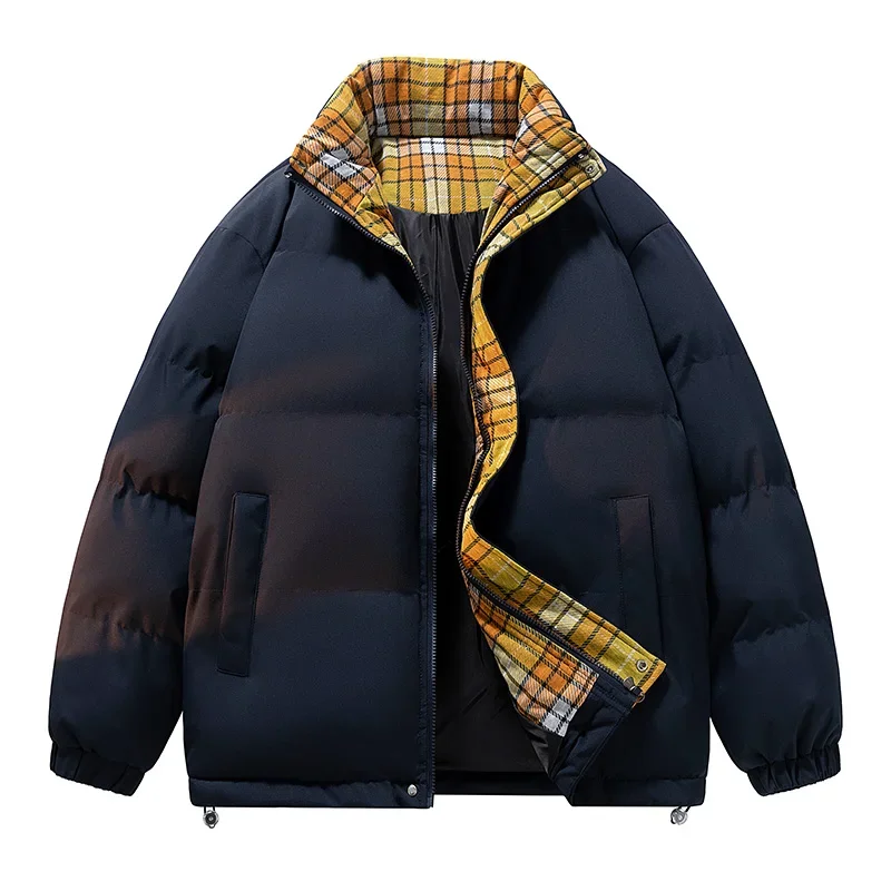 Plaid Spliced Puffer Jacket Men Winter Jackets Mens Thick Warm Zip Up Stand Collar Parka Coats Streetwear Solid Padded Jackets