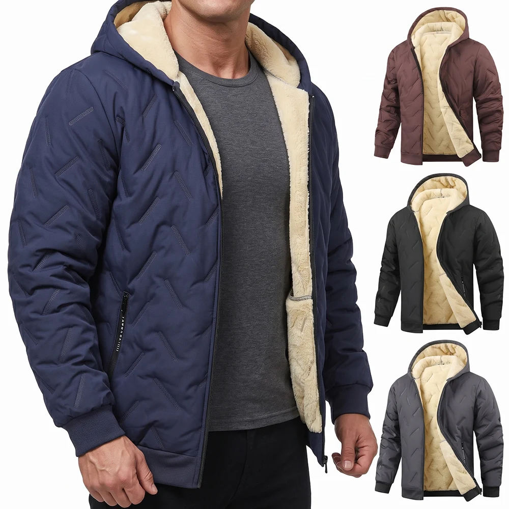 Winter Men Thick Fleece Lined Hooded Jacket Wind Resistant Thermal Warm Zip Up Casual Outerwear Male Cotton Coat