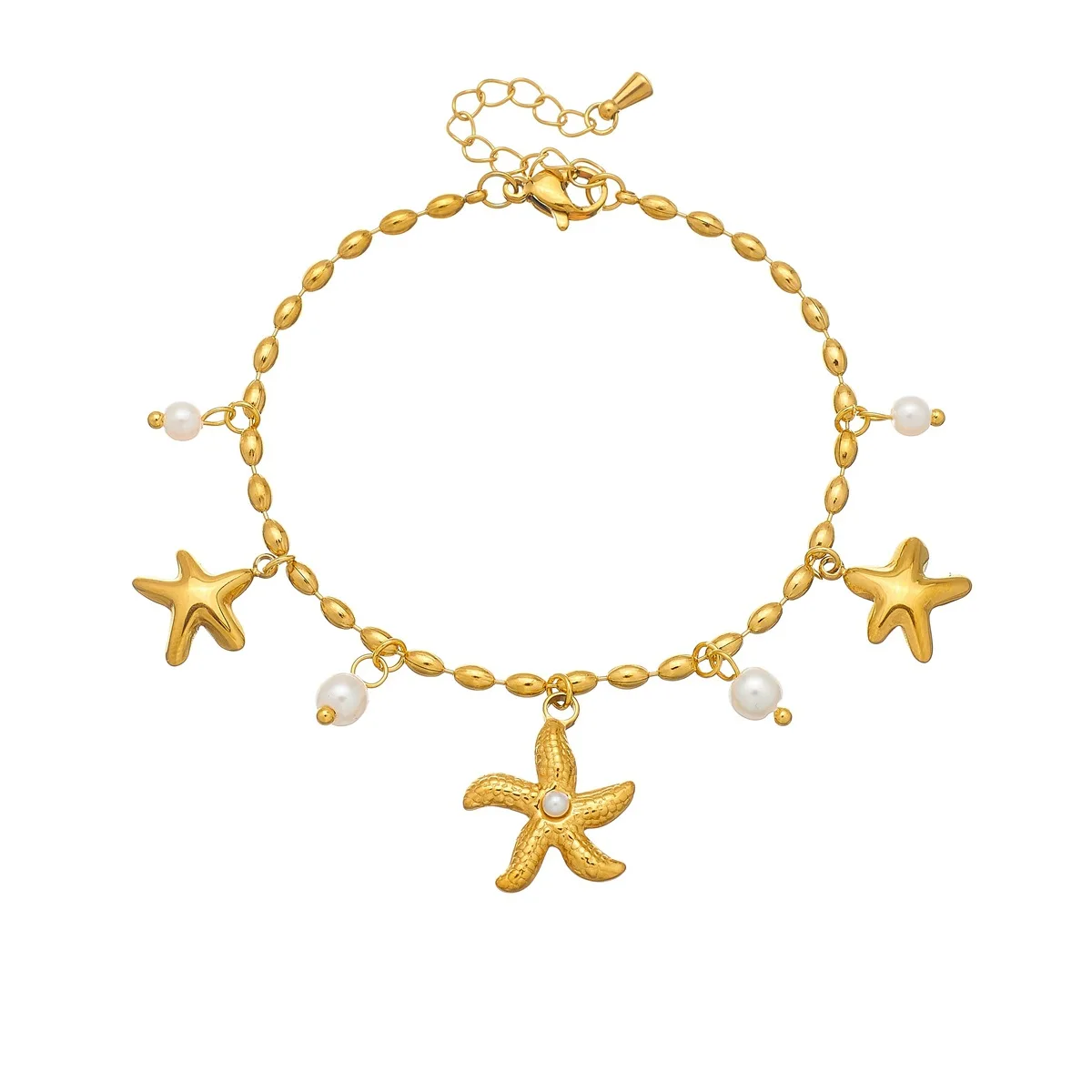 Gold Starfish Pearl Charm Bracelet Women Stainless Steel Bead Chain Bracelet Colorfast Summer Beach Vacation Ocean Jewelry Gift