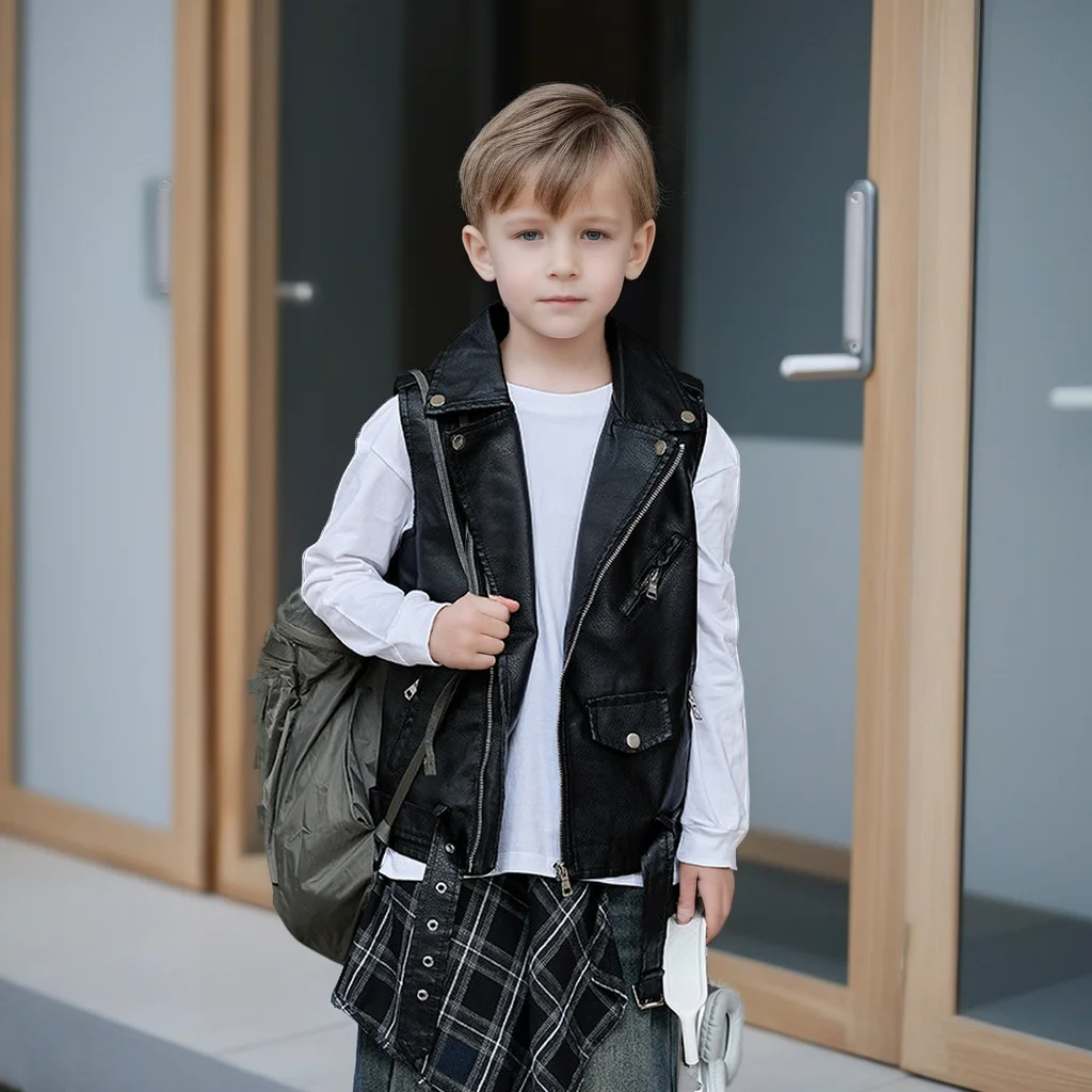 

Autumn Teenage Kids PU Leather Vest Trendy Unisex Biker Waistcoat Hip-Hop Style Sleeveless Streetwear Jacket for Boys & Girls