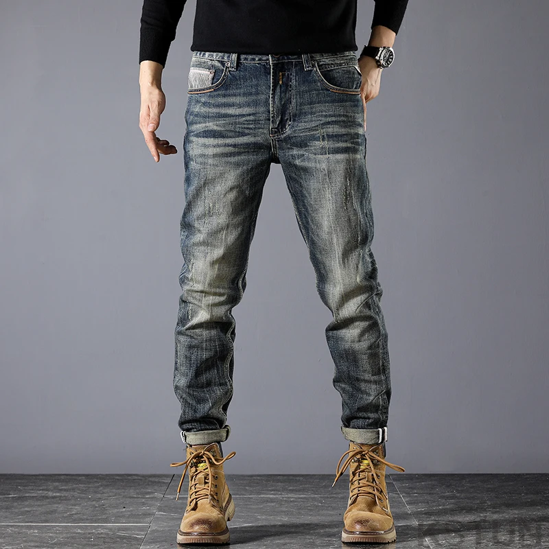 Jeans de Luxe Slim et Droit pour Homme, Pantalon en Denim, Hip Hop, Rétro, Bleu, Vêtements de Styliste, Original, FJ2024, Automne