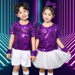 Kids Street Dance Wear Sequined Purple Hip Hop Jazz Costumes Kindergarten Boys Girls Stage Performance Suit Festival Clothing