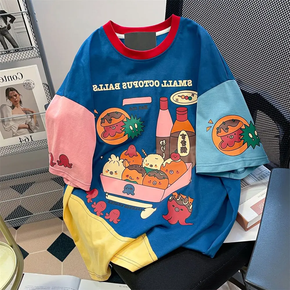 Japanese Harajuku Sweet Women Vintage Cartoon Print Short Sleeve T-shirt Summer Patchwork Tees Y2k Tops Aesthetics Clothes Chic