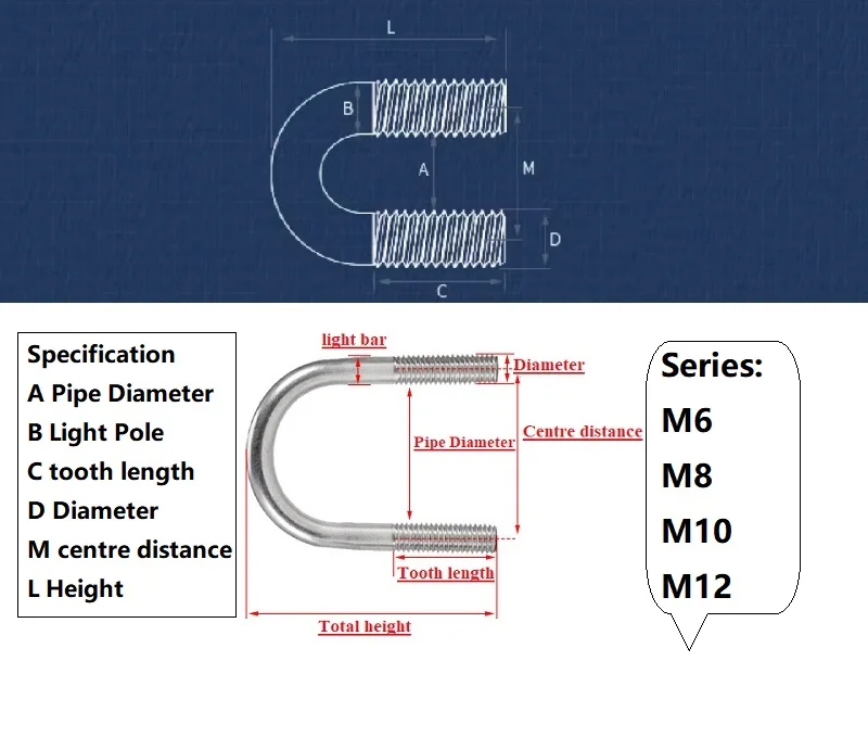 M6 M8 M10 M12 304 A2 Stainless Steel Round Bend U-Bolt U-Screw U-shaped Clamp Pipe Tube Fixing Buckle Clip Strap