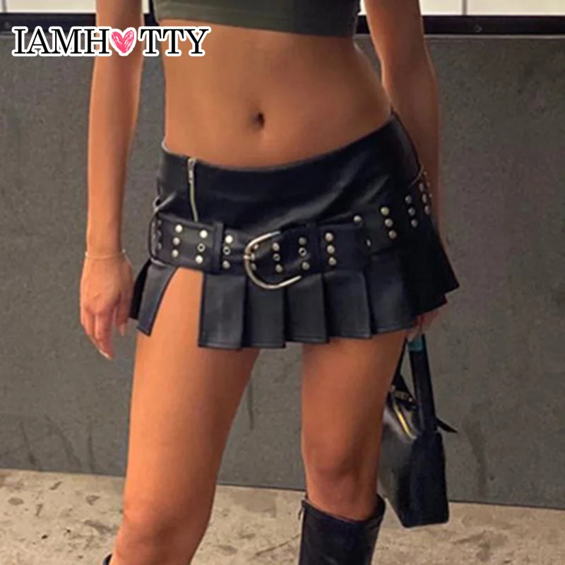 IAMHOTTY Sexy Pu Leather A-line Pleated Mini Skirt Black Dropped Waist Slit Super-short SKirts With Belt Women Punk Streetwear