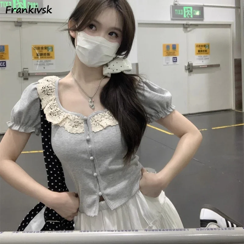 

Kawaii Lace Shirt Women Cute Vintage Summer New Slim Puff Sleeve Korean Style Crop Top Harajuku Aesthetic Mall Shopper Y2k Chic