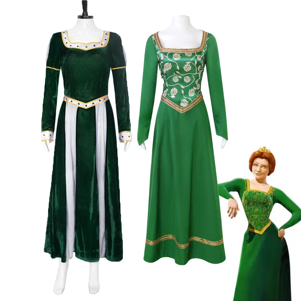 Фильм Монстр Принцесса Фиона Косплей Женский Костюм Ретро Зеленый Квадратный Воротник Длинное Платье Хэллоуин Карнавальные Костюмы для Женщин