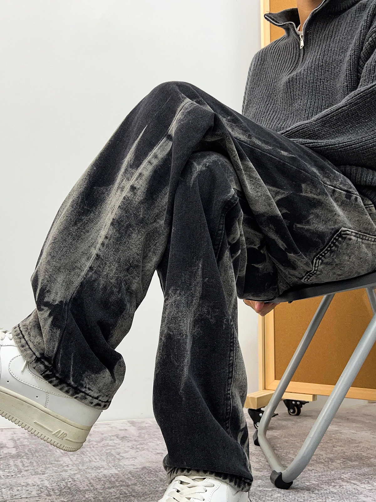 

Spring Autumn Men's Tie Dye Jeans Waed out Spor Casual High Street Loose Fit Straight Leg Jeans mid Low Waist Zipper Closure