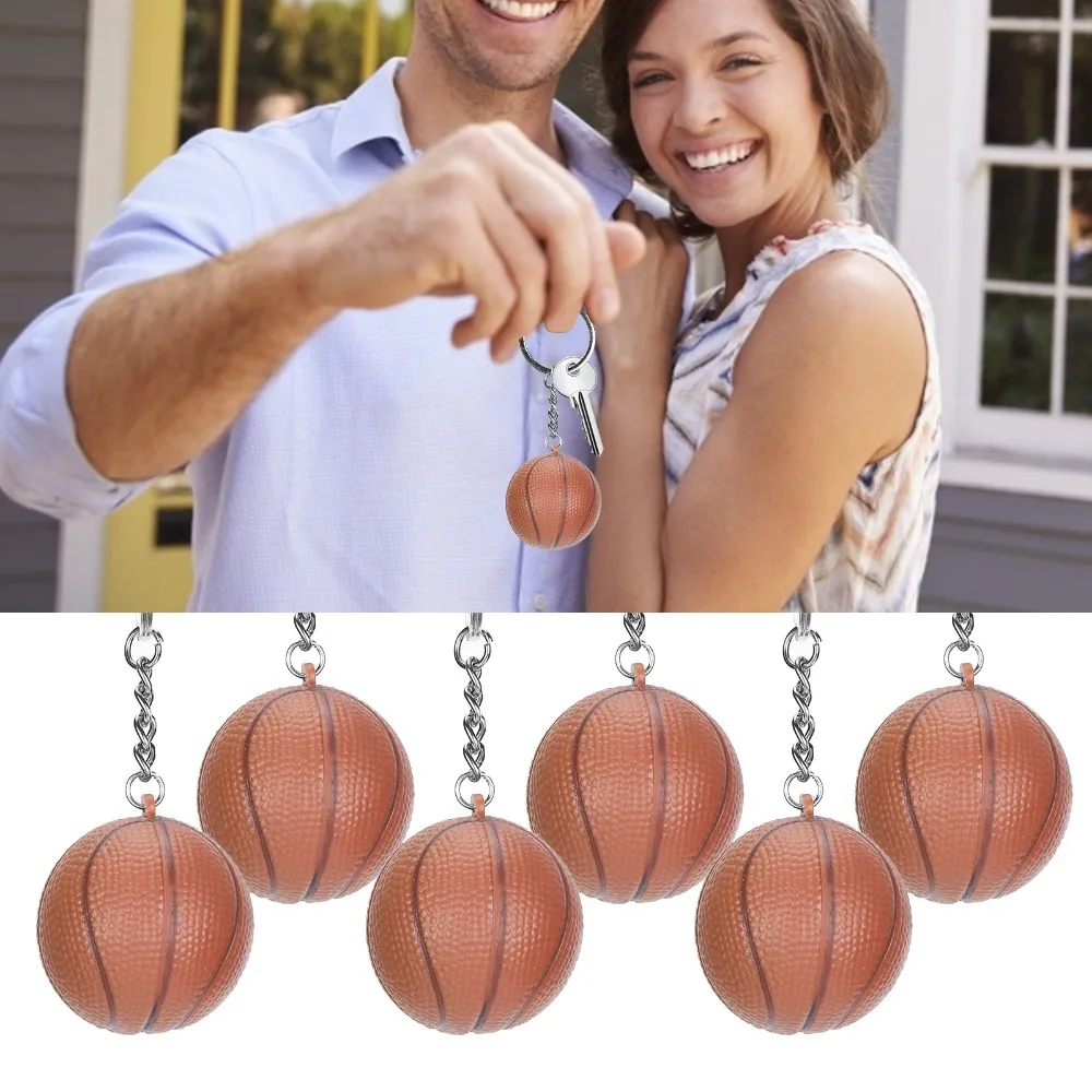 6pcs Brown Basketball Keychains Basketball Shape Plastic Hanging Key Ring Lightweight Design Backpack Bag Charms