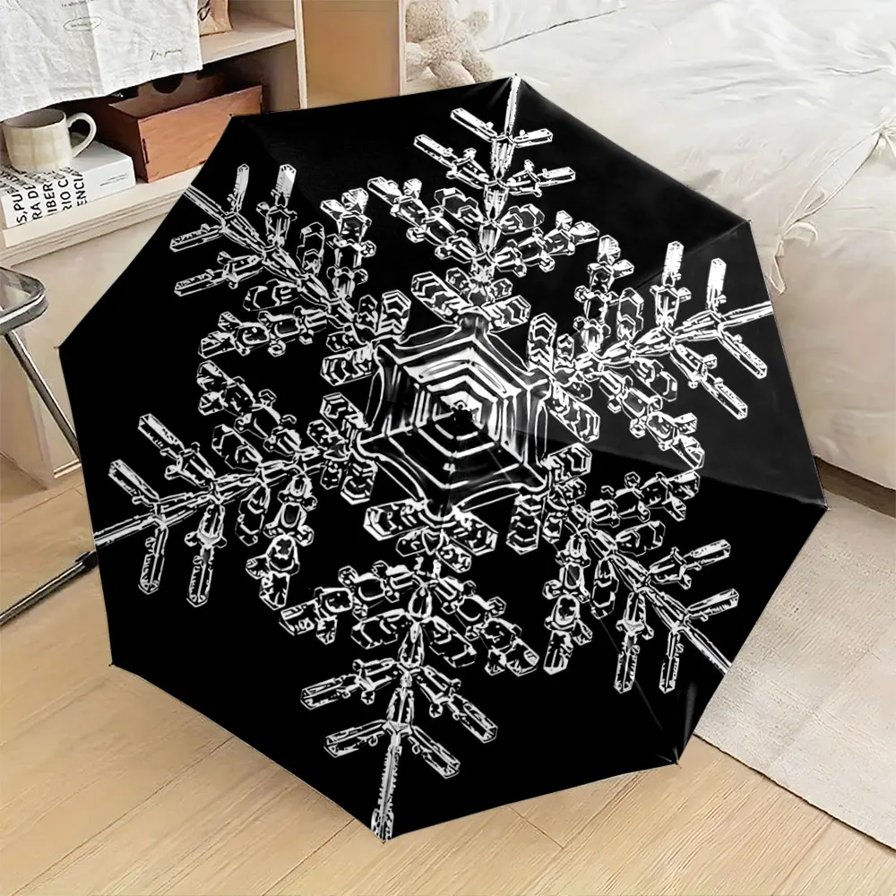 1PC Snowflake Design Black Umbrella for Stylish Protection Print 8 Iron Ribs Folding Umbrella Auto-Open Fashion Sunshade