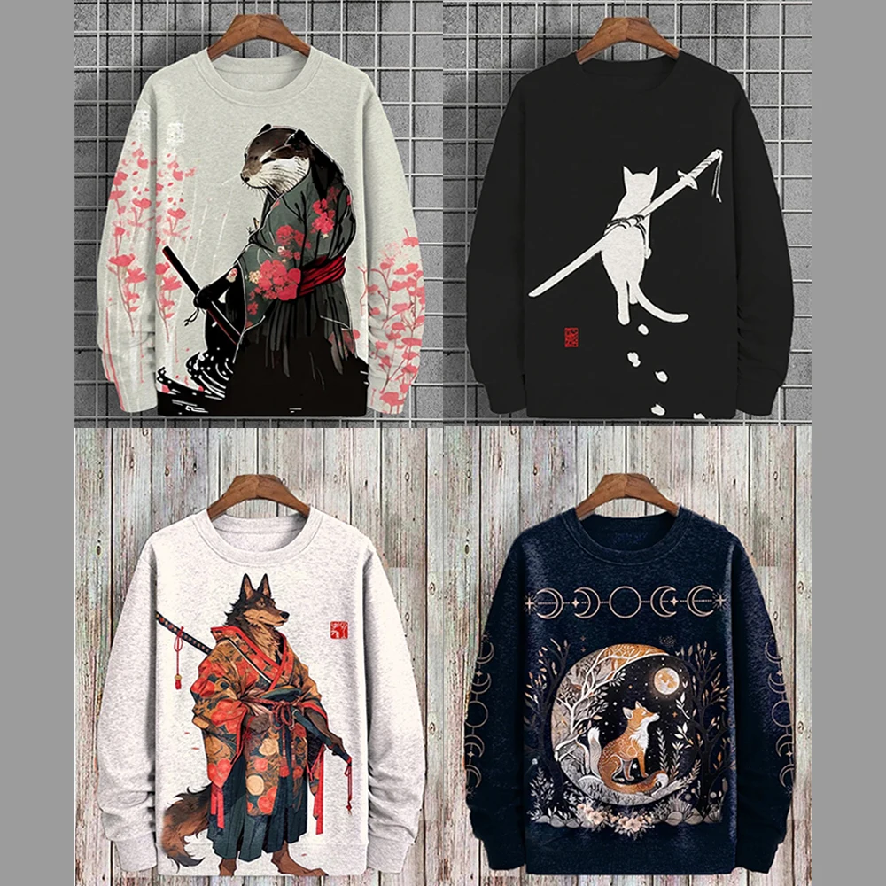 2024 Men's Long Sleeve Spring Autumn Funny Animal Warrior Art Cartoon Print Street Casual Men Women Couple Sweatshirts