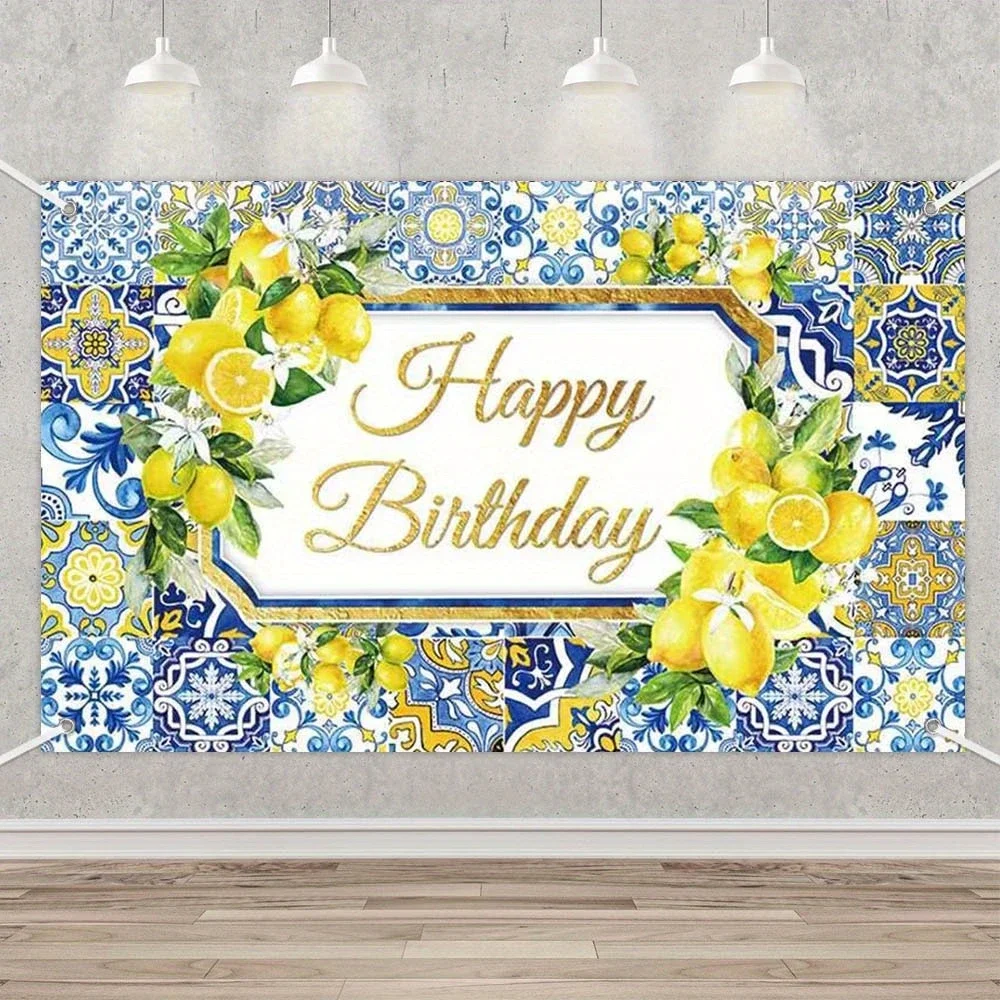 Fondo de feliz cumpleaños de limón, azulejo de cerámica azul, fondo de fotografía de limón, azulejo de cerámica Taravira, decoración con estampado de flores