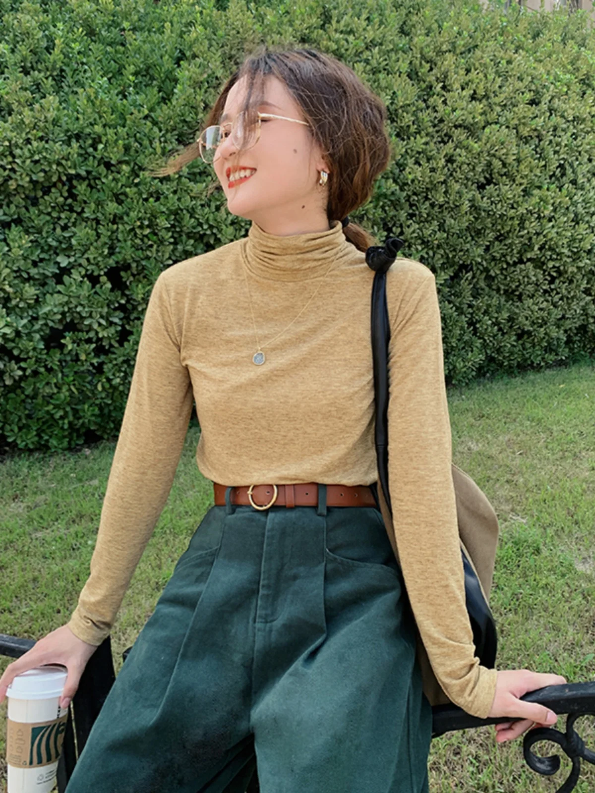 

Hua Ji B202 Women's Soft Mixed Color Elastic High Collar T-irt Autumn Base irt Brown Yellow 2025 New Sle Long Sve