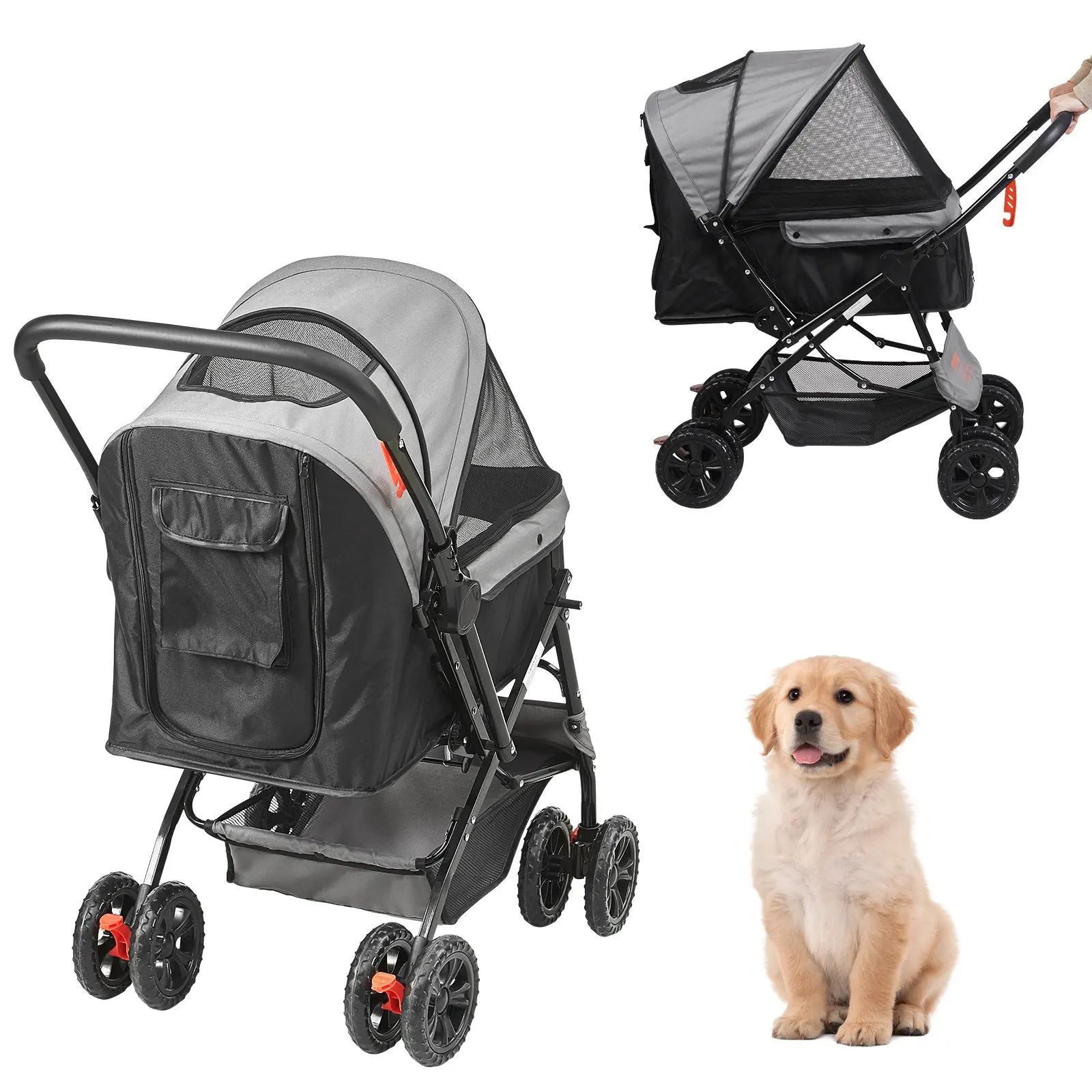 Pet Stroller, 4 Wheels Dog Stroller Rotate with Brakes, 44lbs Weight Capacity, Puppy Stroller with Reversible Handlebar, Storage