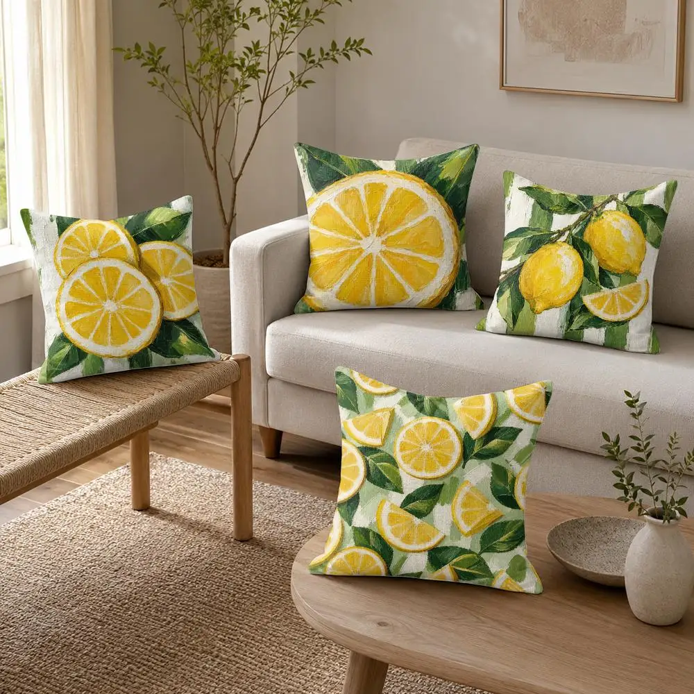 Lemon Slices Cushion Cover Organic Linen Throw Pillow Cover - Double-Sided Print Breathable Cushion Case Home Decor