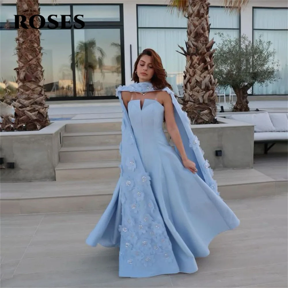 

ROSES Sky Blue Sleeveless Long Stain Party Dress A Line Night Dress 3D Flowers Celebrity Evening Prom Dress for Woman Customized