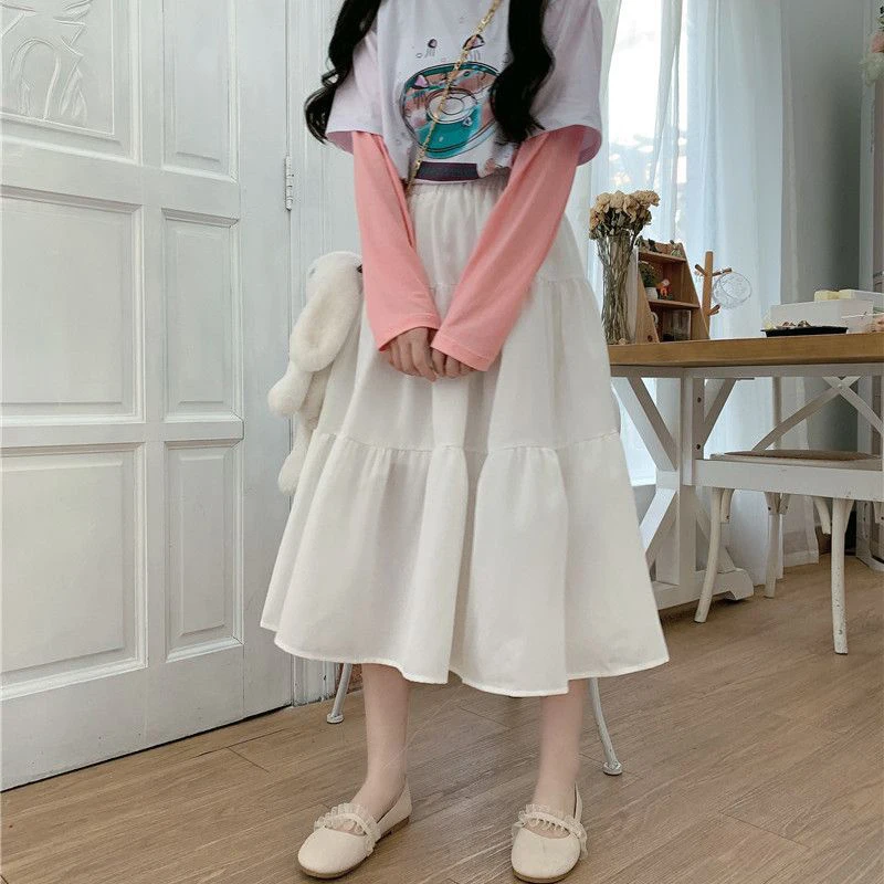 Kawaii rok panjang wanita, Harajuku Lolita lucu tambal sulam pinggang tinggi longgar rok A-Line Midi gadis Vintage kasual rok lembut