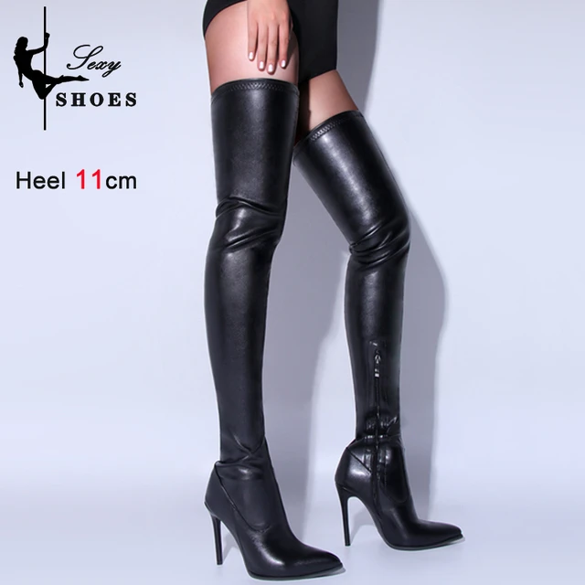 Matte Black Over the Knee Women s Boots Sexy High Heels Leather Elastic Female Shoes Side Zipper Thigh High Striper Long Boots AliExpress