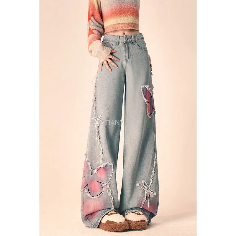 New Women Butterfly Print Blue Black Straight Jeans High Waist Wide Leg Baggy Pants Vintage High Waisted Raw Edge Denim Trousers