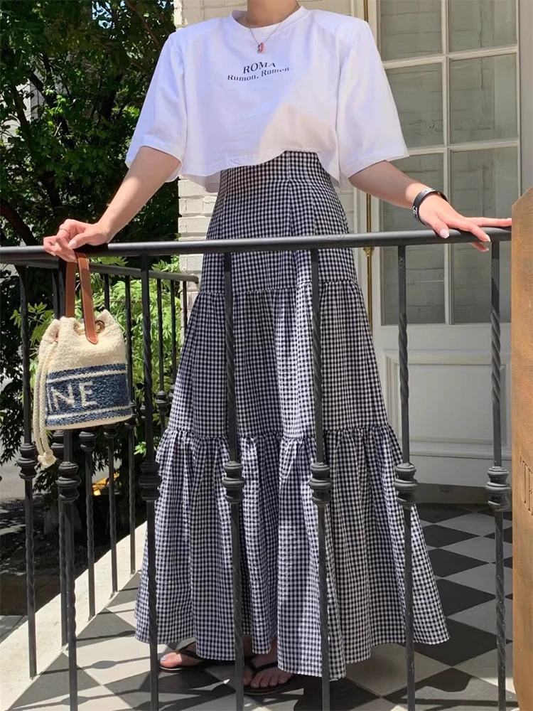 

Retro High Waist Slim Fit A-Line Skirt Long Midi Plaid Design Women's Faion Summer New Sle Versatile f Body Skirt