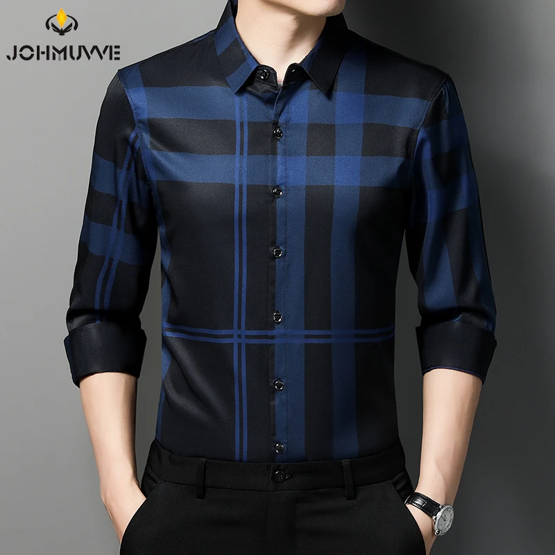 JOHMUVVE Fast Shipping Men\'s New Plaid Striped Long Sleeve Shirt Casual Long Sleeve Top