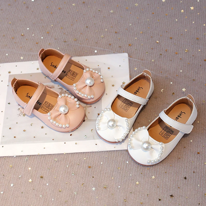 Spring Girl's Princess Shoes Pearl Bowknot Solid Color Kids Mary Janes Pu Leather Sweet Stylish Anti-slip Children Leather Shoe