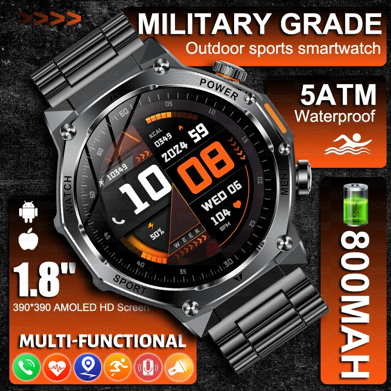 

1.8''AMOLED Military Smart Watch Men 800mAh Large Battery 5ATM Waterproof 100+Sports Modes Bluetooth Call Health Tracker Watches