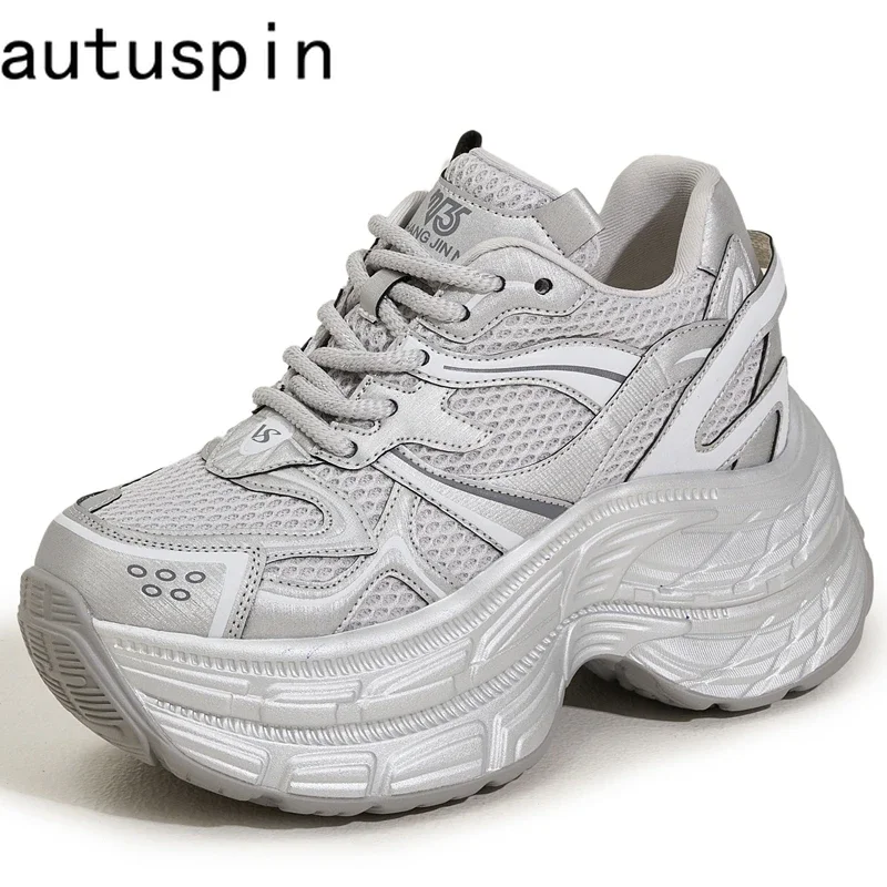 

AUTUSPIN 2025 New Arrival Women's Shoes Spring Summer Breathable Mesh Splicing Leather Thick Bottom Sneakers Outdoor Leisure