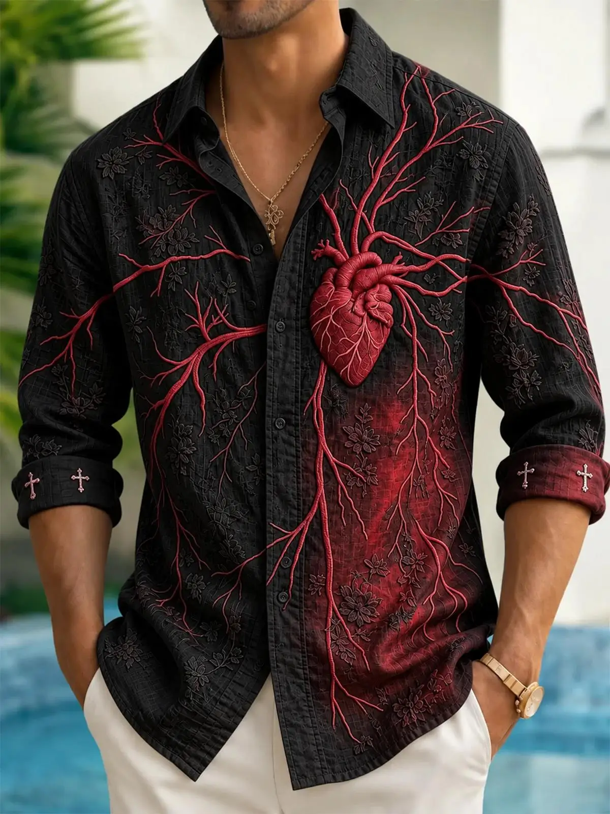 2026 Men's Long Sleeve Shirt Anatomical Heart Vascular Floral Print Daily Top Autumn Fashion Casual Men Clothing