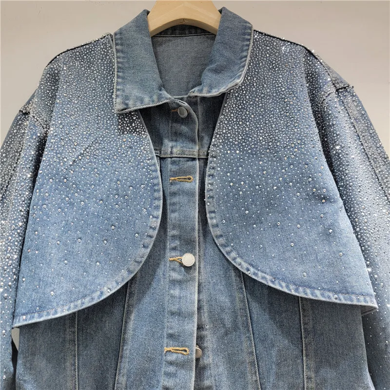 ANJY 2025 خريف جديد إمرأة قصير مستقيم كم طويل صدرية قطعتين الدنيم سترة موضة الماس مزين لامعة A15508 #5