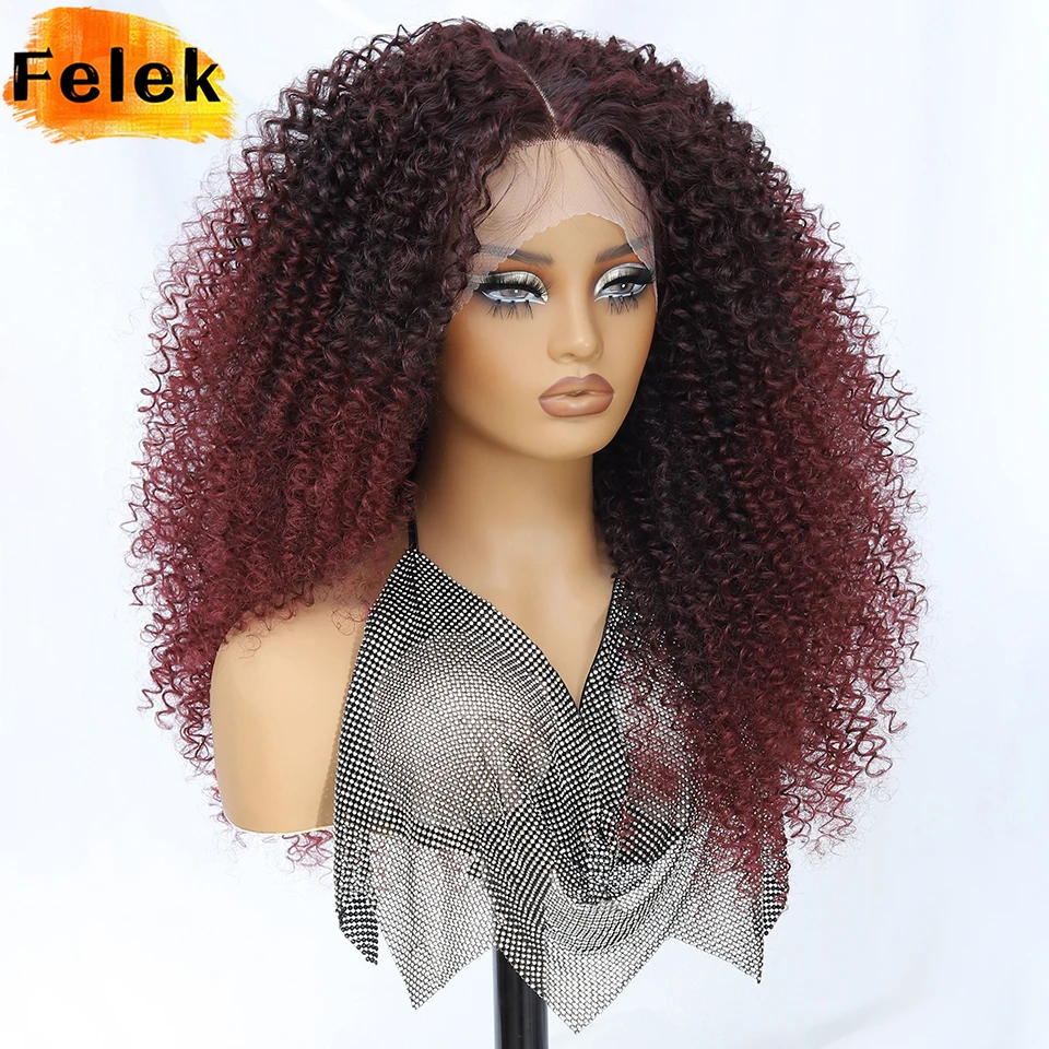 Ombre Burgundy Kinky Curly Jerry Curl Синтетический парик шнурка 24-дюймовый черный Т-образный предварительно выщипанный парик фронта шнурка Latisha для афро женщин