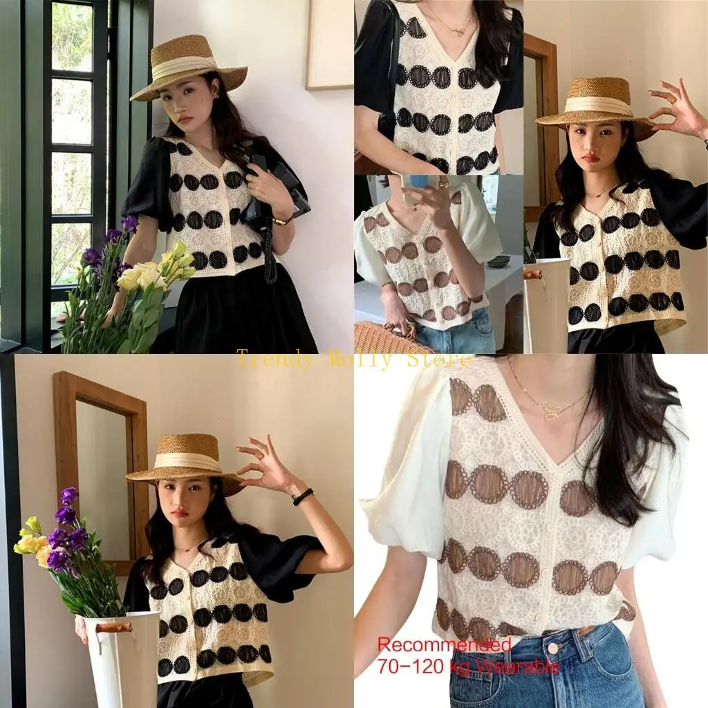 

N5KB Women Patchwork Puff Short Sleeve Blouses Cardigan Hollow-Out Crochet Knit Geometric V-Neck Button Down Crop Top
