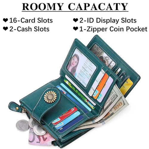 Imagen 2 del producto Cartera RFID de cuero genuino a la moda, tarjetero de mano para mujer, bolso de mano con cremallera, cartera corta, monedero informal