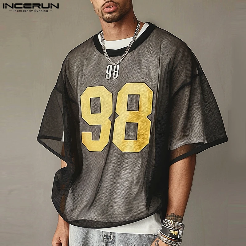 

INCERUN American Fashion Tops Casual Half Sleeve T-shirt Sexy Printed Simple Round Neck Tees Streetwear Male Oversize S-5XL