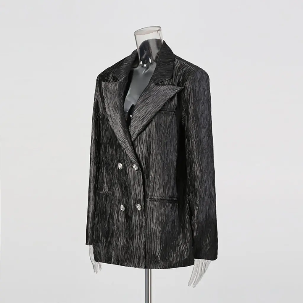 

Elegant Women's Loose Casual Shirt Collar Suit Jacket Autumn New Style Pleated Design Fashionable Outerwear For Ladies