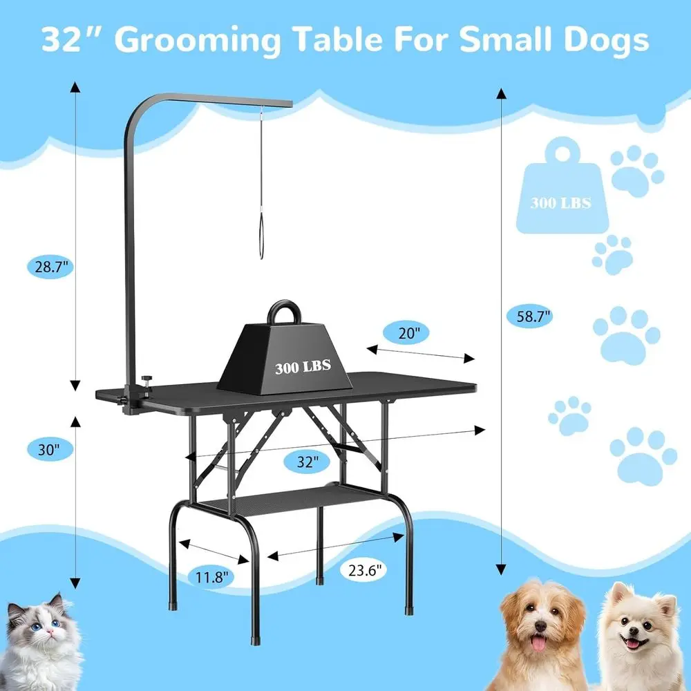 32-Inch Dog Grooming Table or Small & Medium Dogs, oldable Pet Grooming Table with Adjustable Arm, Noose & Mesh Tray, Non-Slip W