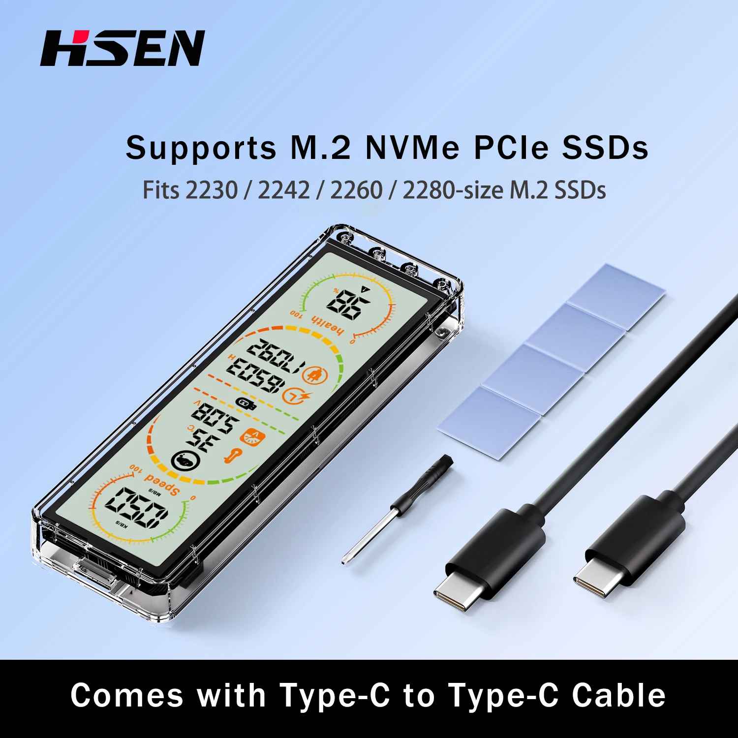 10Gbps Transparentes M.2 SSD-Gehäuse mit integriertem Smart-Display, USB 3.2 Gen2 Typ-C externes SSD-Gehäuse, unterstützt NVMe & SATA Dual