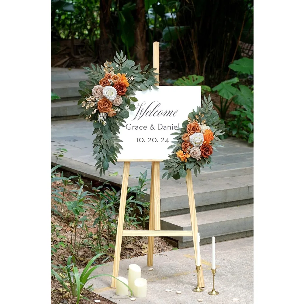 مجموعة غنيمة على شكل زهرة صناعية مكونة من 2 علامات ترحيب لحفلات الزفاف وزخارف زهور قوس الزفاف البرتقالية المحروقة لحفلات الزفاف
