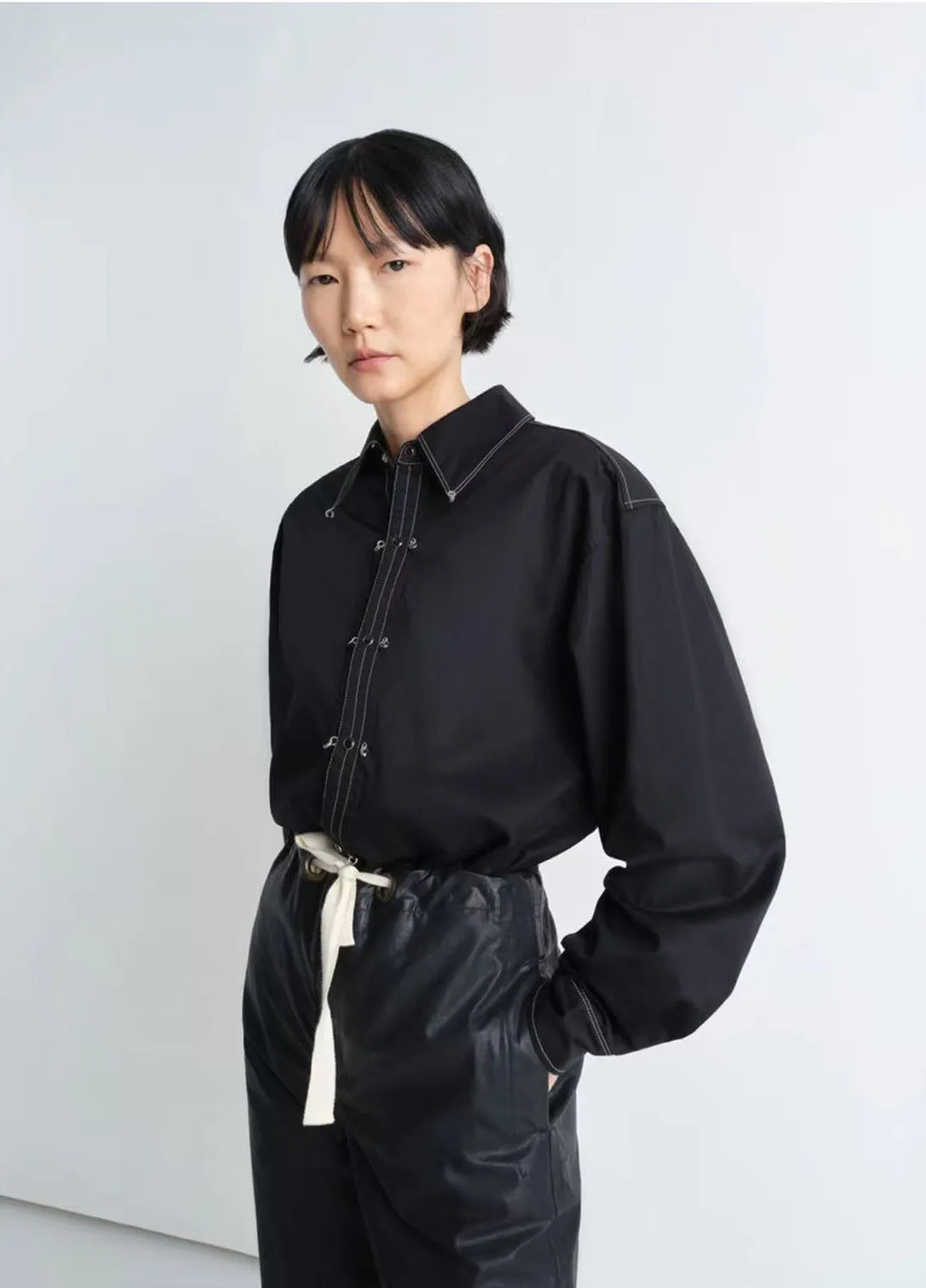 

Women Black Cotton Long Sleeve Embellished Metal Button Shirt
