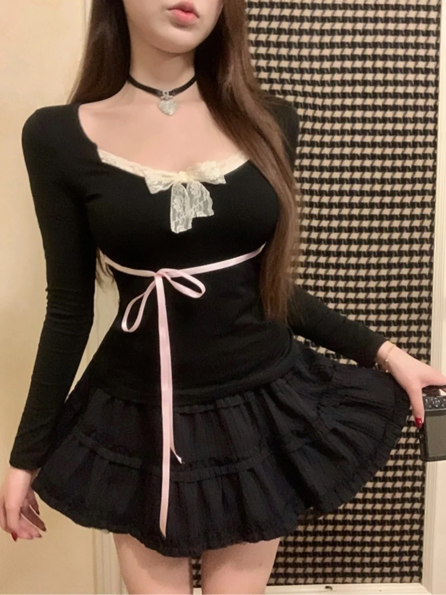 Bla Lace  Knot T-irt Women's Spring 2024 New Slimming Base irt Top Square Collar Long Sve Polyester Cotton