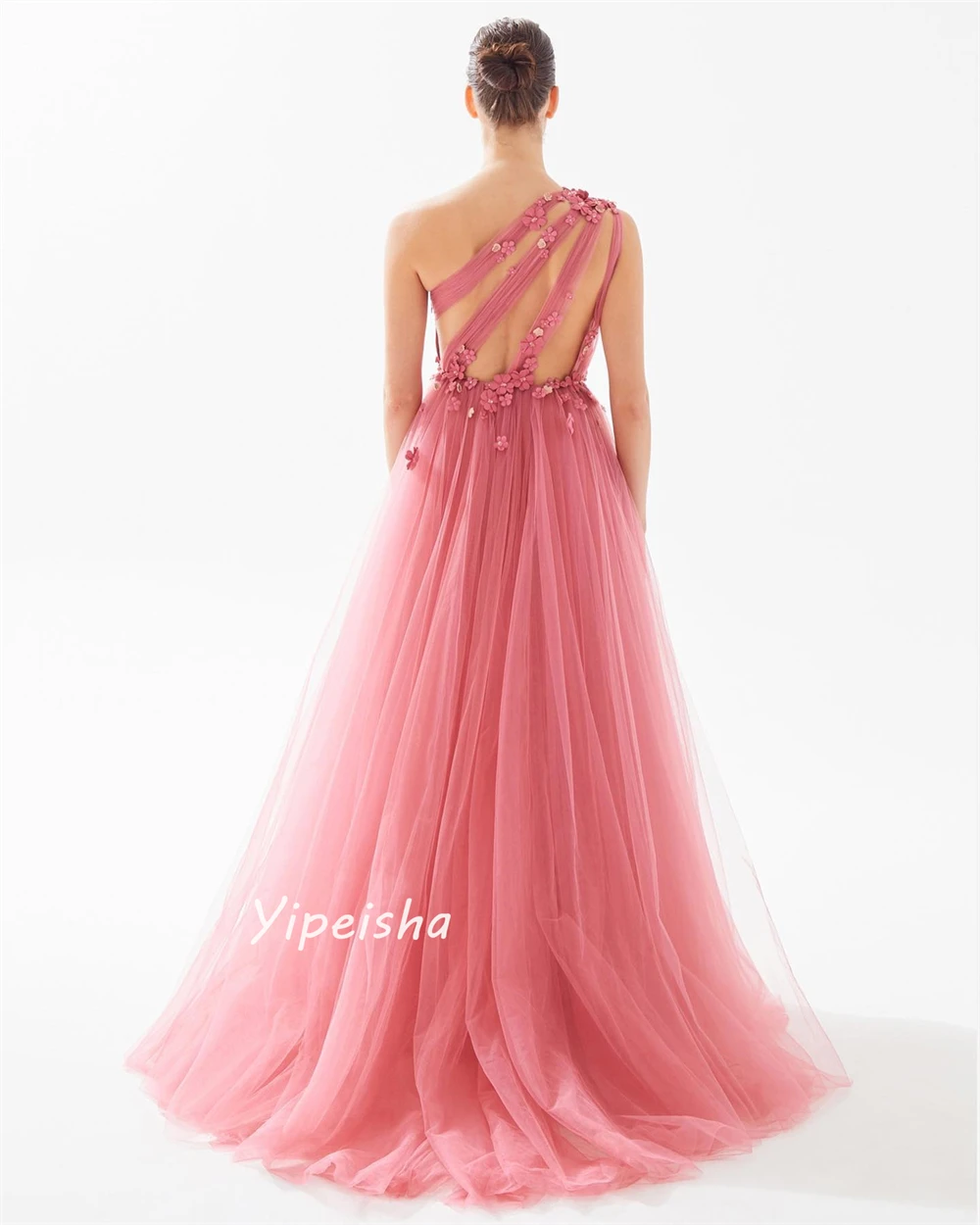 Customized Exquisite Modern Style One-Shoulder Ball gown Flowers Beading Draped Floor-Length Tulle Evening Dresses