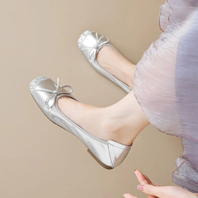 Zapatos planos con lazo para mujer, bailarinas plateadas 2026, zapatos de colores mixtos, mocasines de patchwork para mujer, zapatos cómodos sin cordones para novias, zapatos de baile