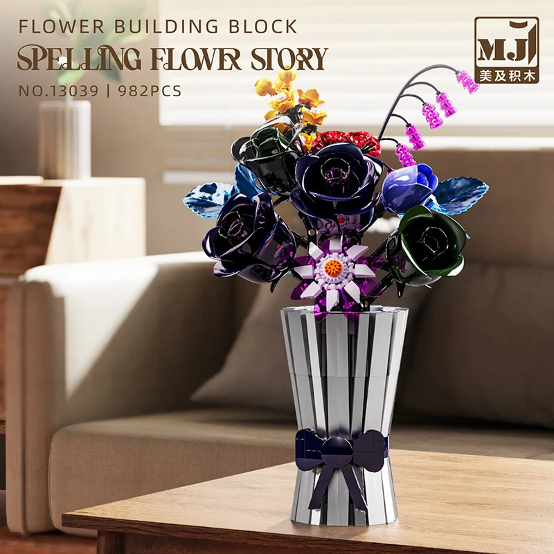 Bouquet de fleurs en briques de construction MJ BLOCK, décoration de maison, modèle créatif, jouet de construction en briques, cadeaux pour filles et adultes, 982 pièces