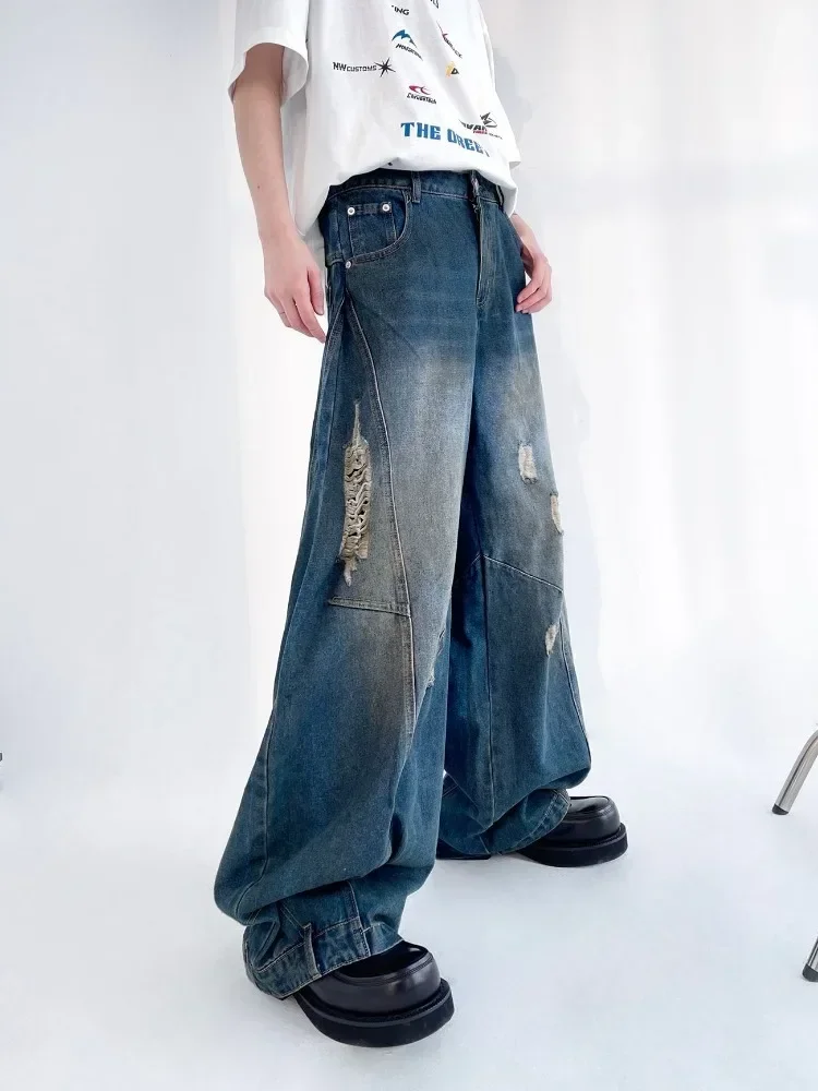 Hip Hop Ripped Jeans Men High Street Male Distressed Denim Wide Leg Pants Casual Trousers Vintage Streetwear Loose