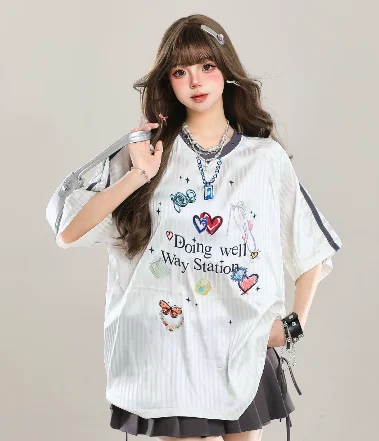 American Printed V-neck Short Sleeve T-shirt Women Summer 2026 New Chic Loose Versatile Age-reducing Sweet Girl Loose T-shirts