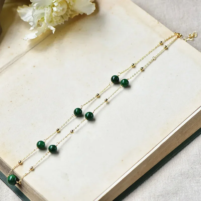 Natuurlijke Groene Jade Ronde Kralen Ketting Voor Vrouwen 14K Goud Gevulde Sleutelbeen Ketting Retro Charme Elegante Gelukssieraden