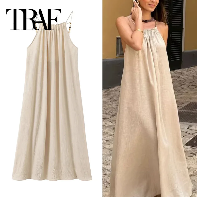 TRAF 2024 Beads Backless Dress Woman Boho Sleeveless Long Dress Women Summer Casual Holiday Dresses Ruched Women's Loose Dresses