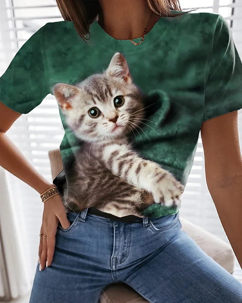 Fashionable Women's T-Shirt 3D Cute Cat Print Harajuku T-Shirt Short Sleeved Casual Kawaii Girls' T-Shirt Oversized Unisex Cloth
